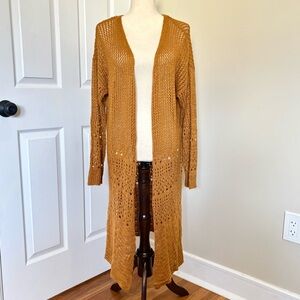 Moral Fiber Golden Brown Long Duster Crochet Cardigan